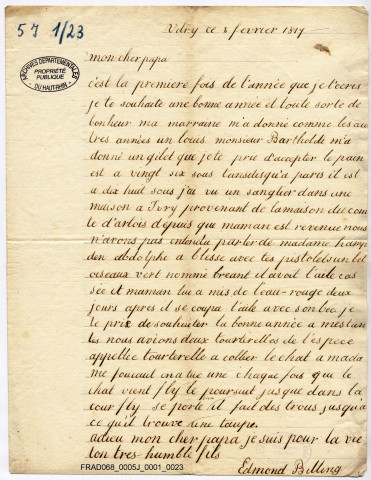 Lettres reçues par Sigismond Billing durant son séjour en Angleterre, de sa famille, du pasteur Goepp et de M.Grandsire, de Paris