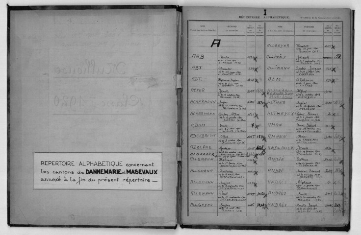 Bureau de recrutement de Mulhouse : table alphabétique (sauf cantons de Dannemarie et Masevaux) suivie de la table alphabétique des hommes des cantons de Dannemarie et Masevaux (en 1 volume)