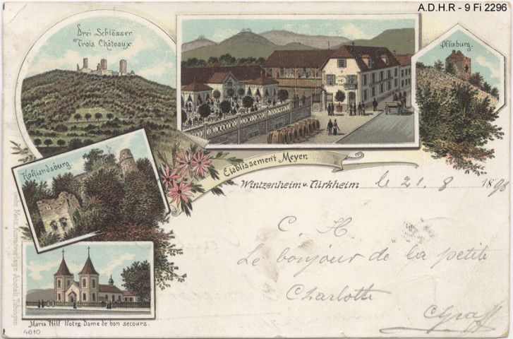 Wintzenheim, Turckheim (vues 3 Châteaux, Hohlandsbourg, Notre-Dame de Bon Secours, Pflixbourg, Etablissements Meyer (dessins)