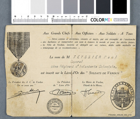 Livre d'Or des "Soldats de Verdun" : diplôme d'inscription.