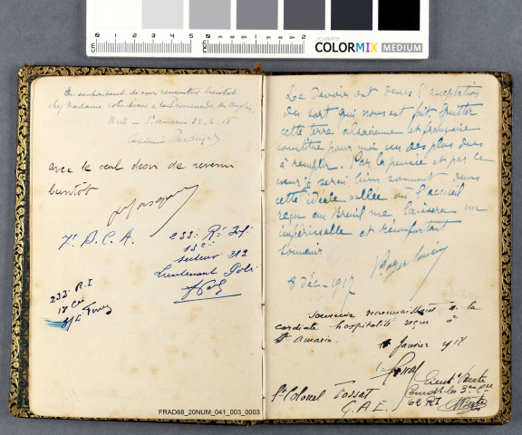 Livre d'or de Jeanne KUSTER, fille ou petite fille du Maire de Saint-Amarin de l'époque, Louis KUSTER.On y trouve notamment des remerciements et des mots écrits par des soldats blessés et soignés dans l'hôpital de Saint Amarin (officiers et généraux). Les mots sont en français et en anglais. Il est également agrémenté de dessins. Première page : dessin du premier Tirailleur sénégalais blessé (source : prêteur).