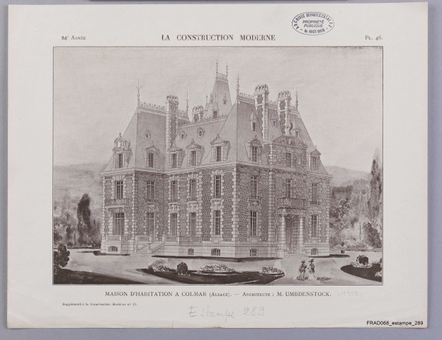 Colmar : maison d'habitation par l'architecte Umbdenstock. Supplément à la Construction moderne n° 19, planche 46