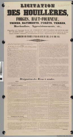 Vente en licitation des houillères de Ronchamp et Champagney ; affiche