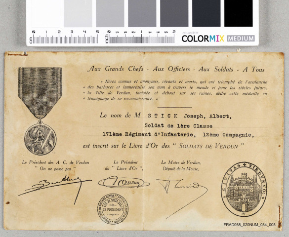 Certificat d'inscription au livre d'or des "Soldats de Verdun" de Joseph Stick.