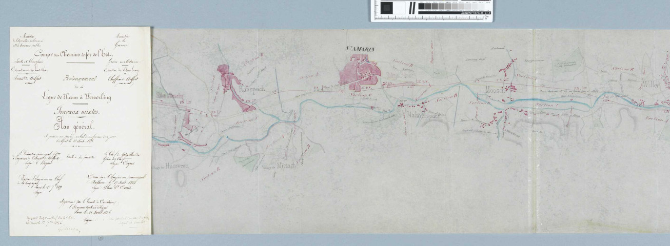 Ligne Mulhouse-Thann-Husseren-Wesserling: prolongement jusqu'à Husseren-Wesserling de la ligne Mulhouse -Thann (1 plan) (1856); maintien des voies de communications croisant la ligne et de l'écoulement des eaux (plans) (1861-1868); embranchement privé (plans) (1863-1864) 