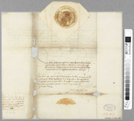 Lettre du roi Ferdinand sur la dot et l'engagement de la seigneurie de Ferrette aux Reich de Reichenstein