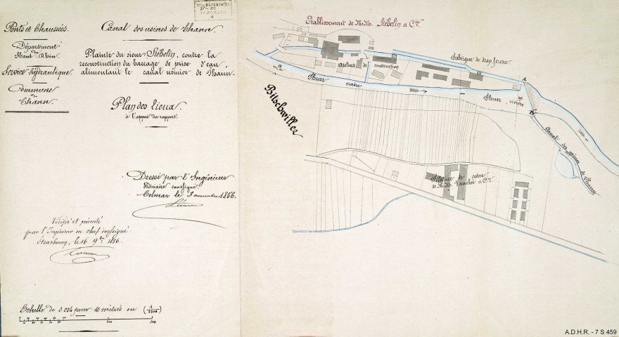 Canal usinier de Thann: historique, règlements d'eau, droits d'eau, élargissement, curage, alimentation en eau des fontaines de Thann (plans)