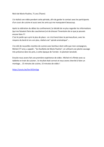 Récit de Marie-Pauline et lien vers la vidéo de sa recette